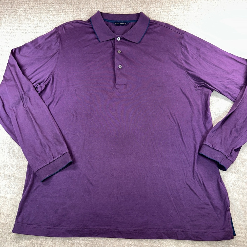 Scott Barber Mens Purple Long Sleeve Cotton Polo Shirt Navy Trim Size Large